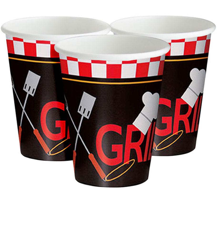 Pack of 8 Backyard BBQ Paper Party Cups with 270ml capacity. By Unique 48226 these are available from the range at Karnival Costumes online party shop