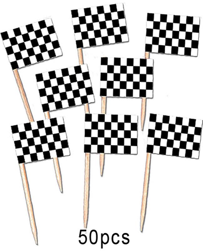 Pack of 50 Motor Racing Sandwich Flag Picks with black and white chequered patter. By Beistle 60104 available here at Karnival Costumes online party shop