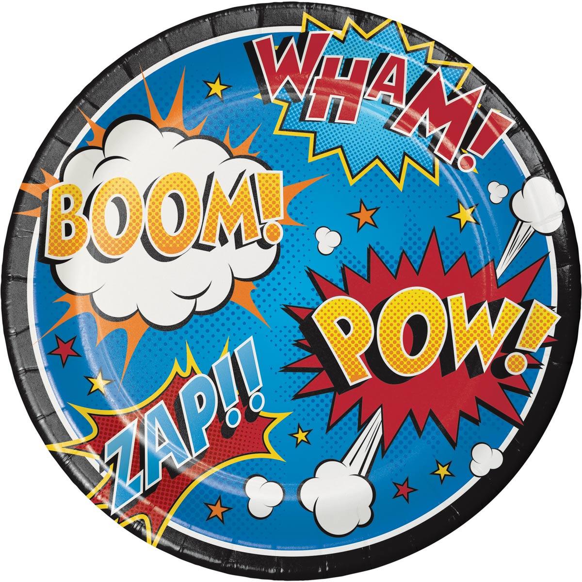 Pack of 8 Superhero Slogan Paper Plates by Creative Party 324838 available here at Karnival Costumes online party shop