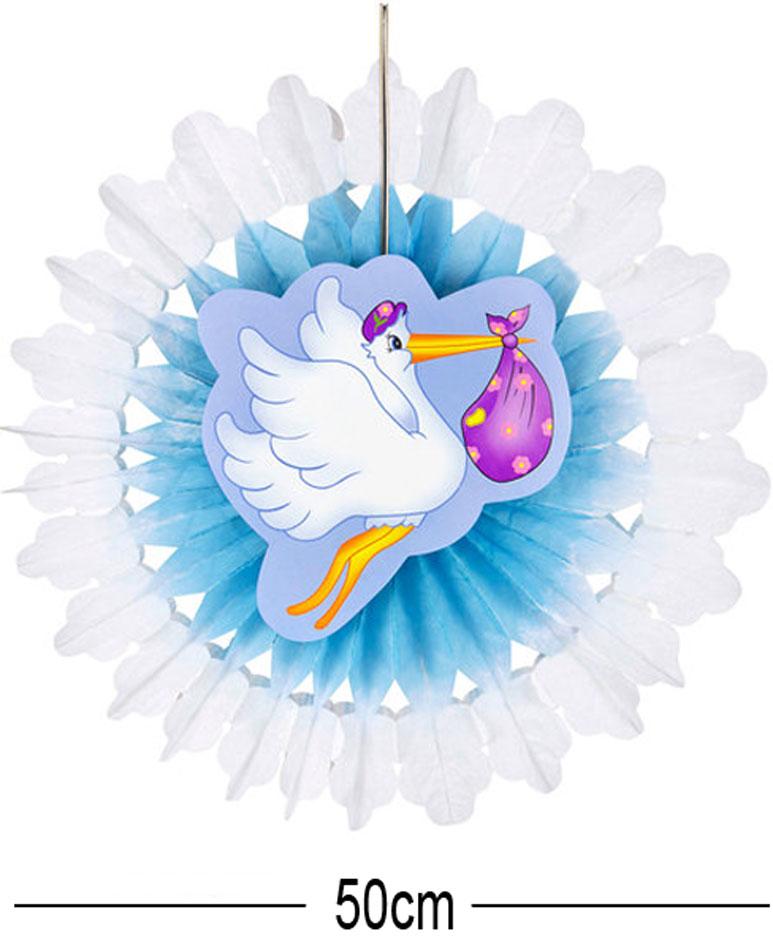 Stork with Baby Boy Paper Fan Hanging Decoration 50cm by Widmann 95788 available from a collection of baby shower items here at Karnival Costumes online party shop