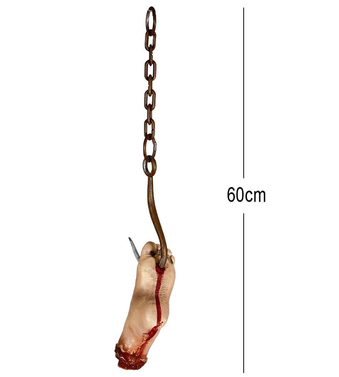 Severed Foot on Spike and Chain 60cm. Great detail and rust effect chain and hook by Guirca 19849 available in the UK here at Karnival Costumes online Halloween party shop