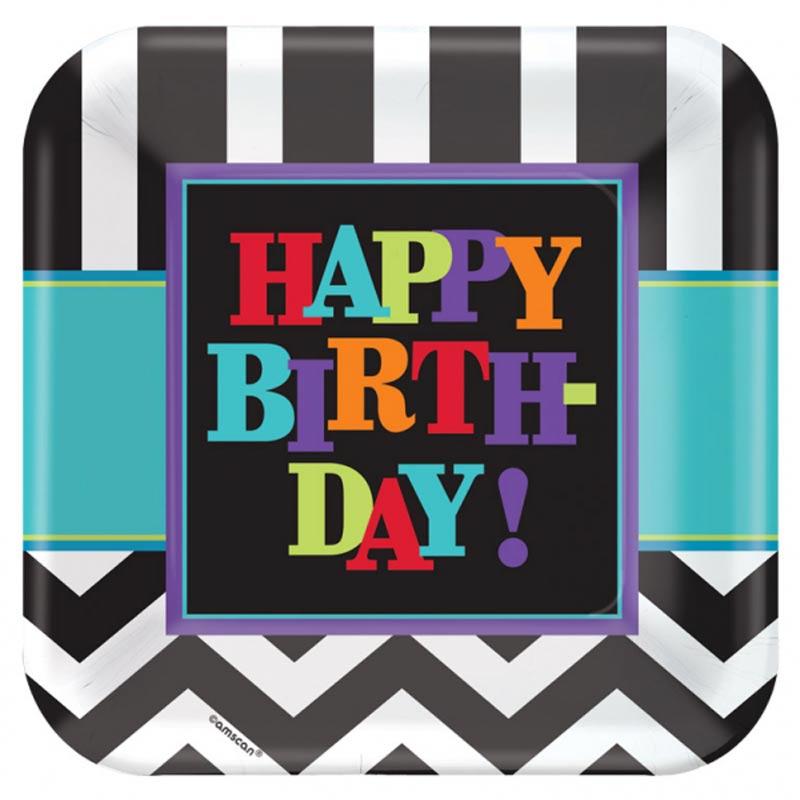 Adult Celebration Square Chevron Paper Plates Happy Birthday 23cm - pk8 by Amscan 997911 available here at Karnival Costumes online party shop