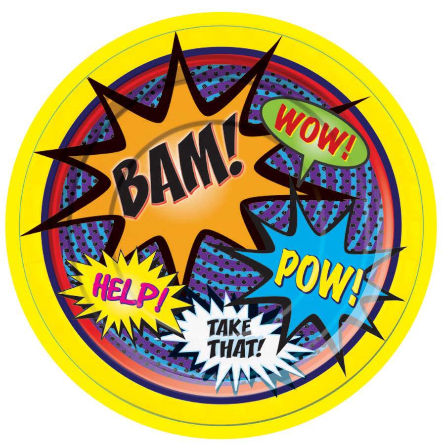 Pack of 8 Superhero Paper Plates 17cm or 7" diameter by Forum Novelties 72433 available here in the UK at Karnival Costumes online party shop