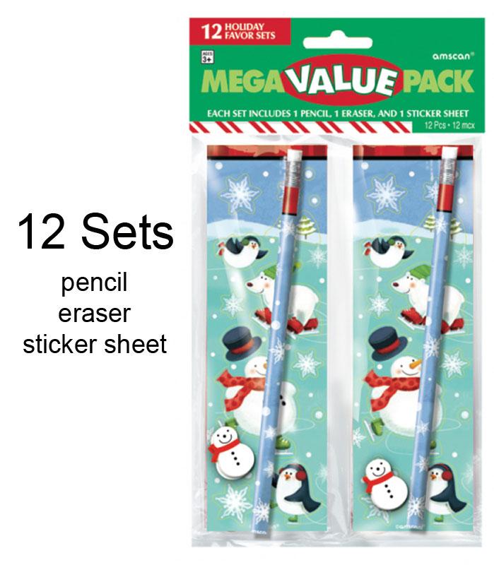 12 Christmas Mega Value Stationery Packs each with pencil, rubber and sticker sheet by Amscan 393107 available from a range of stocking fillers here at Karnival Costumes online party shop