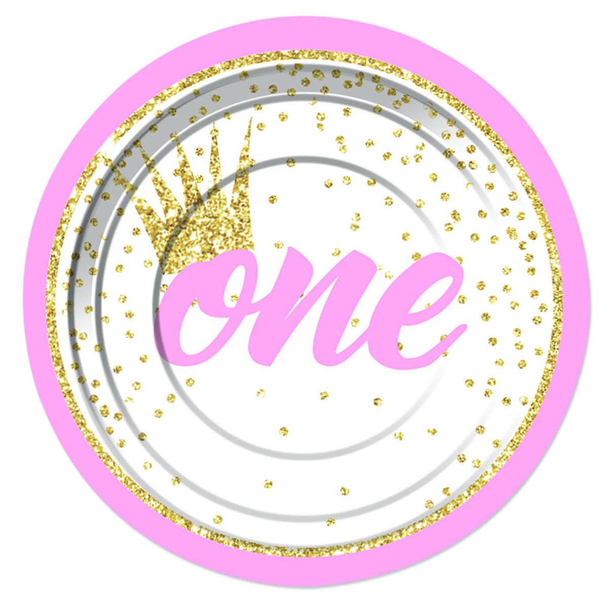 Baby's 1st Birthday 17cm (7") paper plates in white and pink with golden sparkle by Forum Novelties 79814 available here at Karnival Costumes online party shop