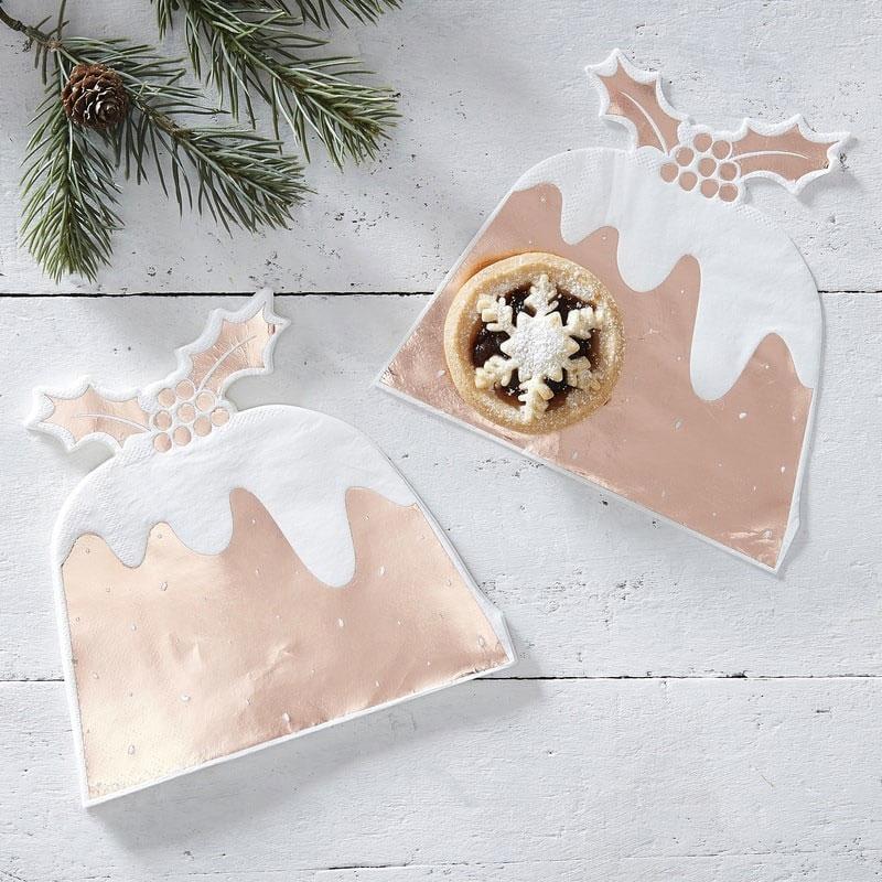 Pk12 Rose Gold Foil Christmas Pudding Shaped Napkins by Ginger Ray RC855 available here at Karnival Costumes online party shop