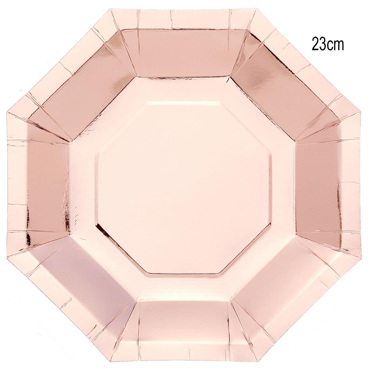 Pack 8 Metallic Rose Gold Octagonal 23cm Paper Dinner Plates by Amscan 9908648 available here at Karnival Costumes online party shop