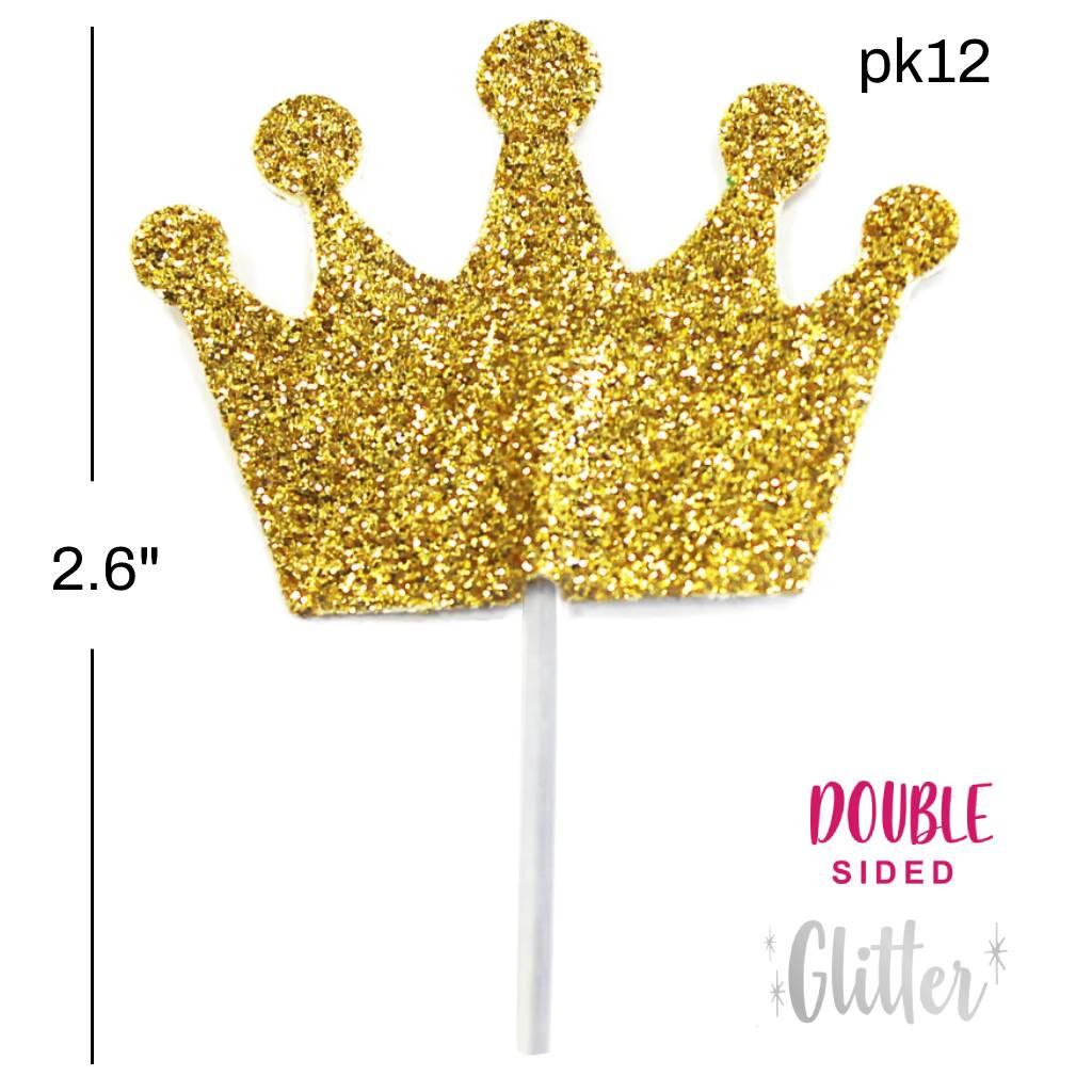 Pk12 Gold Glitter Crown Cupcake Toppers with 3cm x 3.5cm crown and 6.5cm pick, by Creative Party M557 available here at Karnival Costumes online party shop