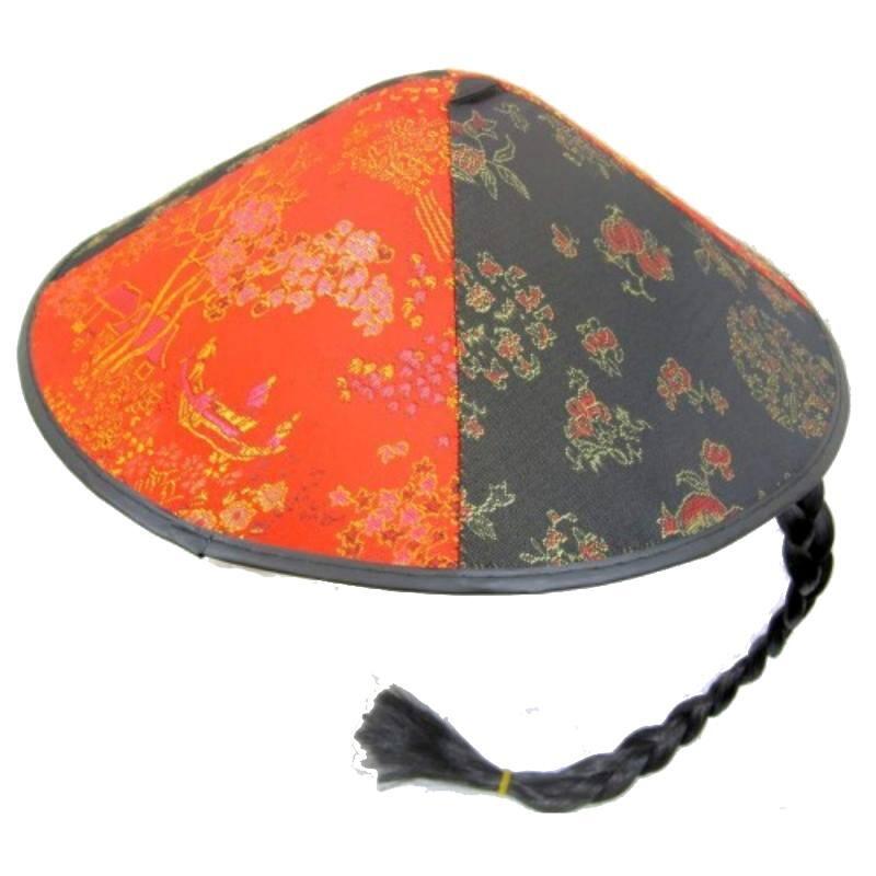 Chinese Coolie Red Fabric Hat with Pigtail Plait Chinese Coolie Red Fabric Hat with Pigtail Plait