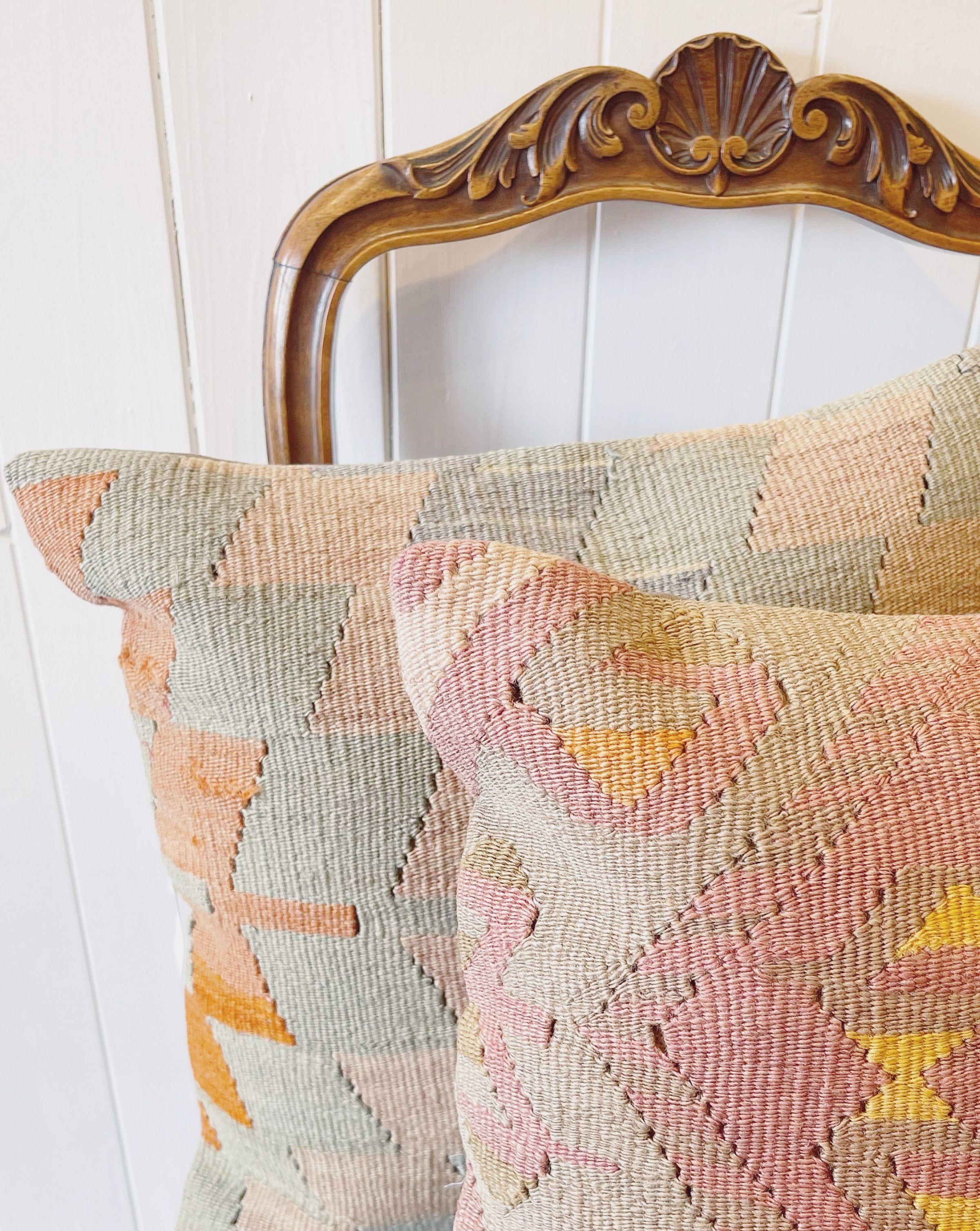 Set of 3 handmade geometric kilim cushions in bold colours.