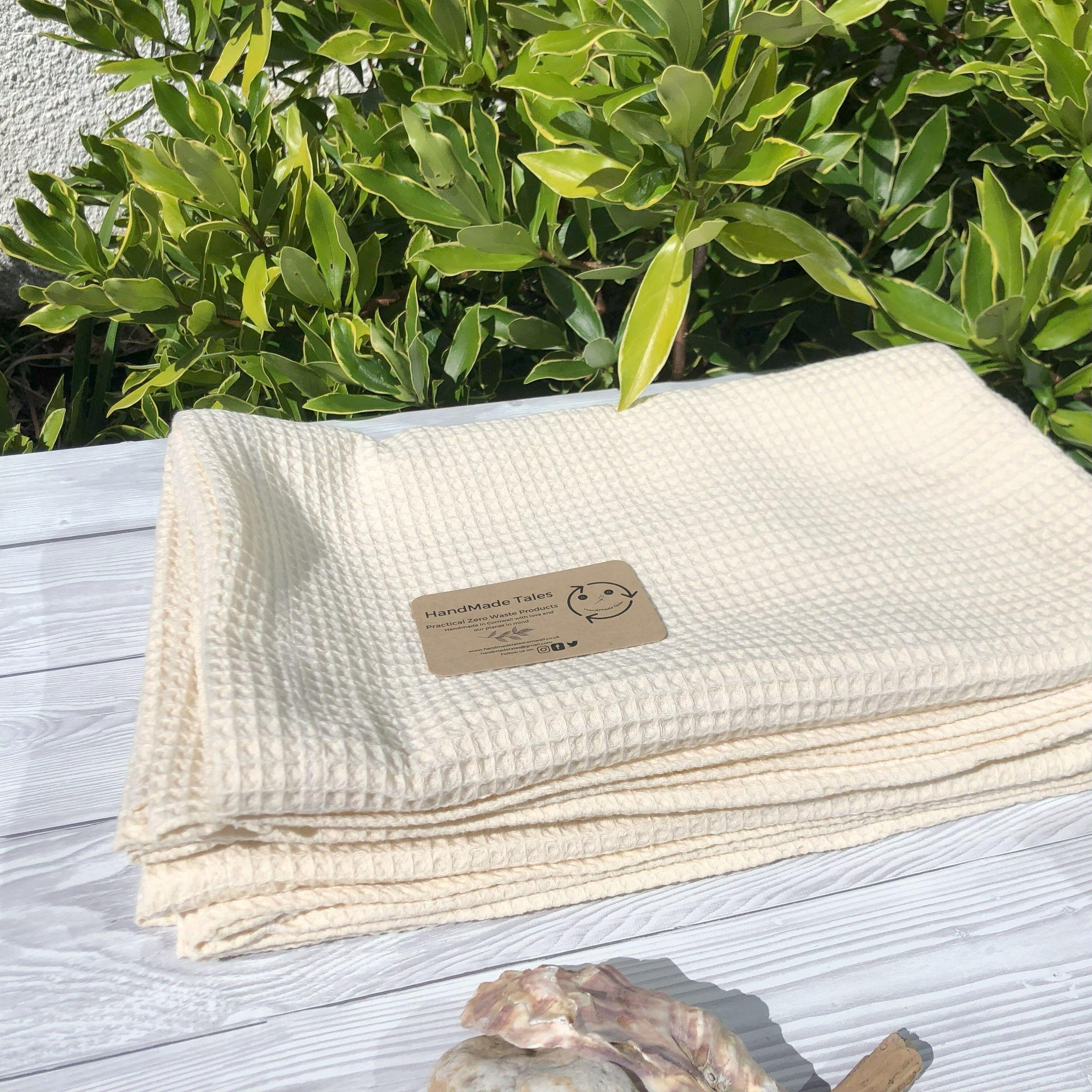 100% cotton waffle towels, bath sheet size, natural colour