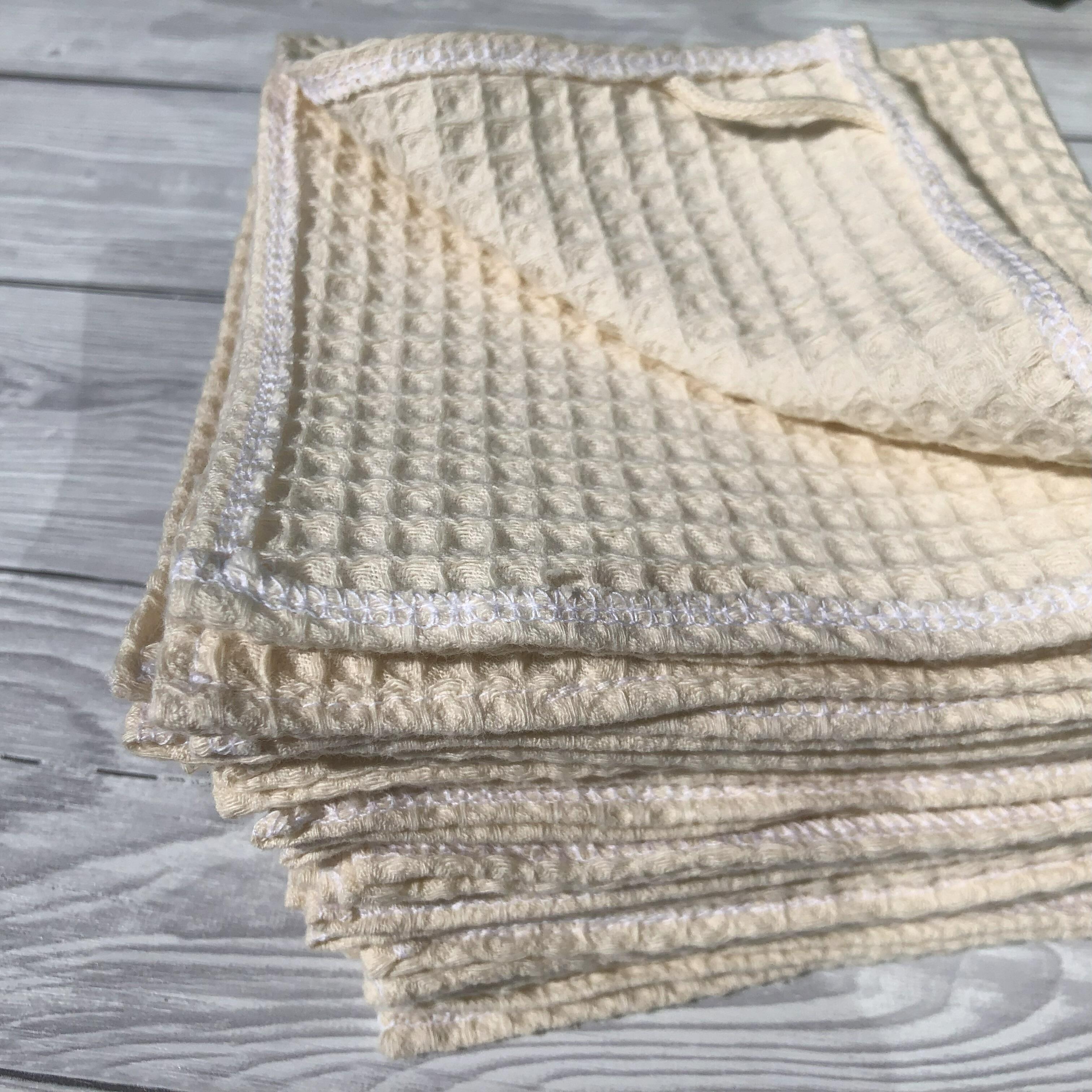 cotton waffle face cloth, inside stich detail with hanging loop, natural undyed colour