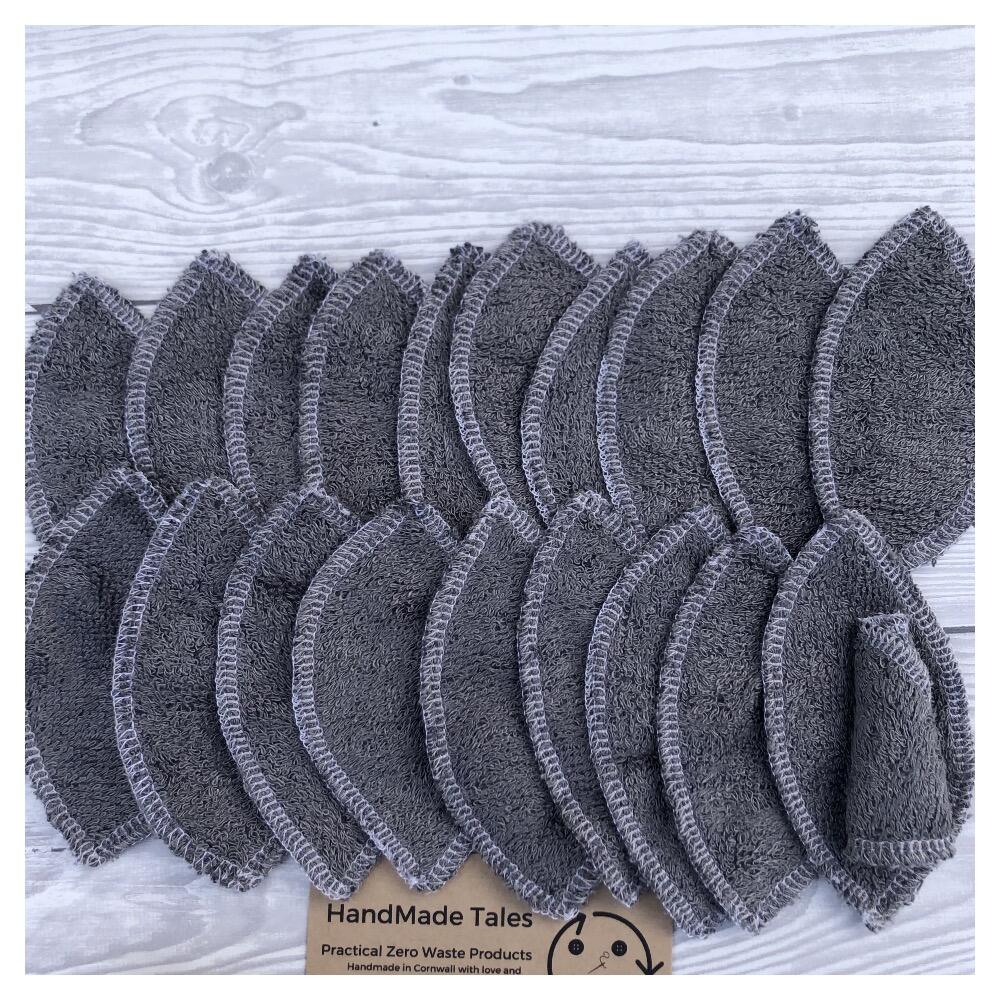 pack of 20 single layer grey bamboo terry toweling interlabial pads, handmade in Cornwall, UK by HandMade Tales