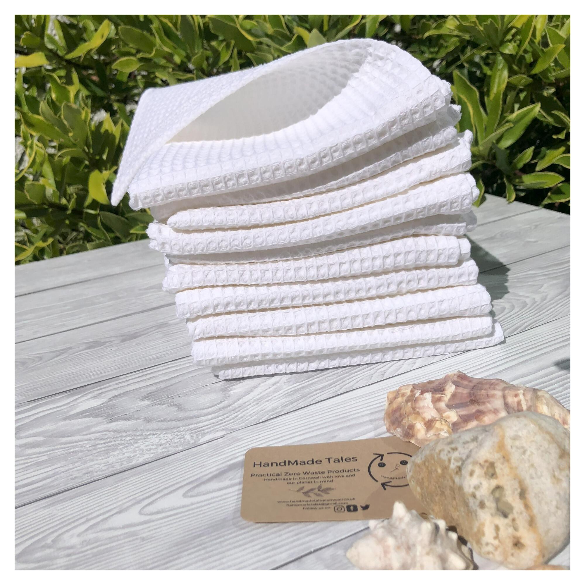 100% cotton white waffle hand towels short side view HandMade Tales handmade in the UK