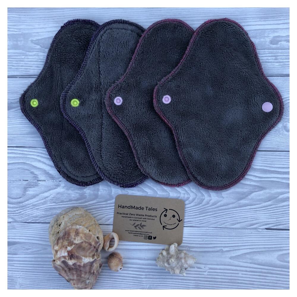 Mixed pack of grey period pads, soft bamboo blend fabric with snaps closure