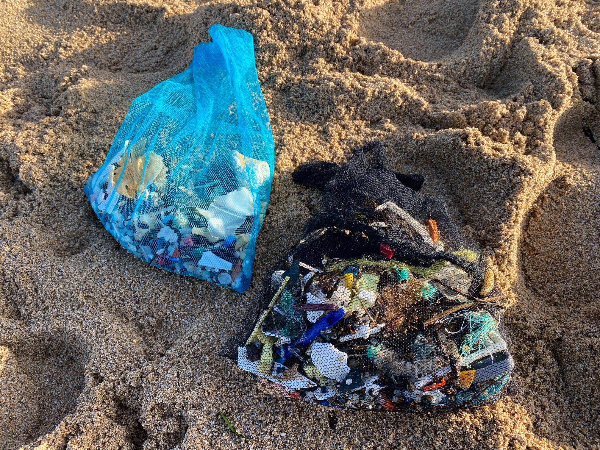 net bags with microplastic in them at the beach