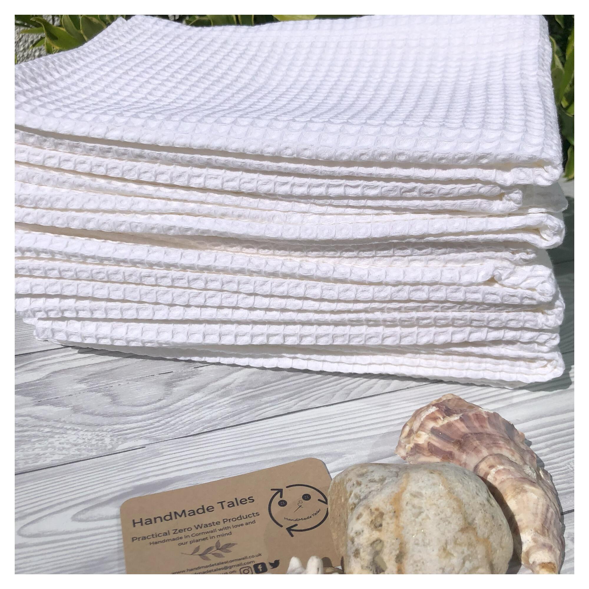 100% cotton white waffle hand towels long side view HandMade Tales handmade in the UK