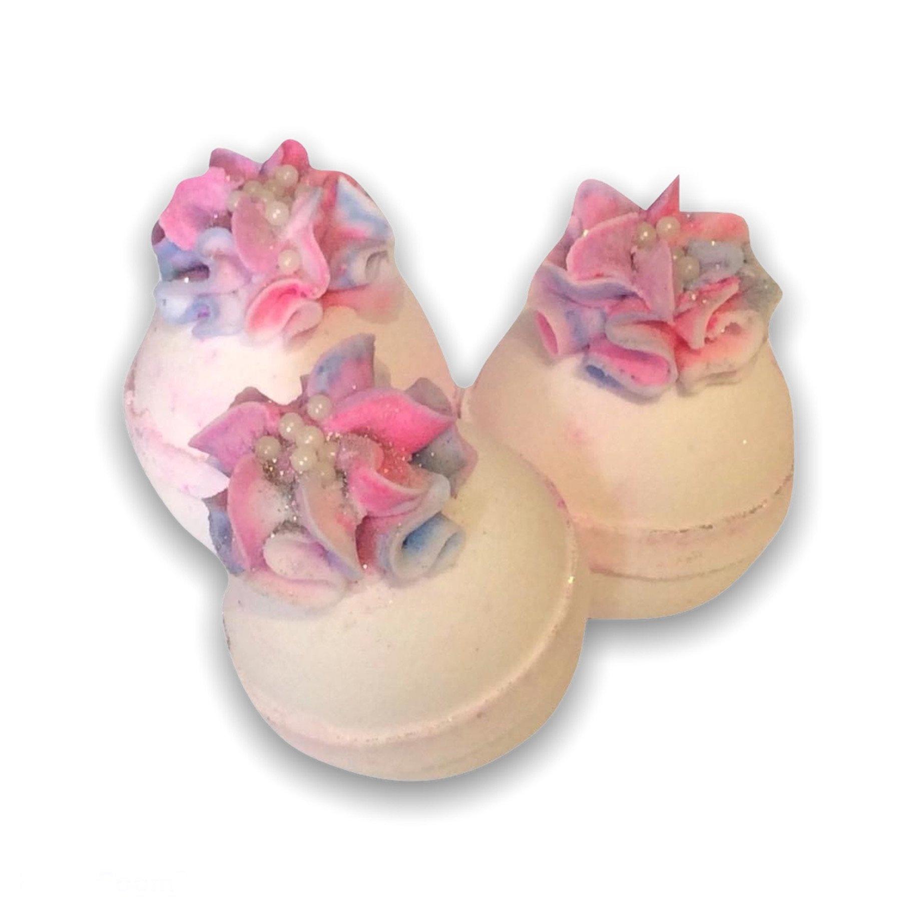 3 Baby Powder bath bombs, in the colour of pink and purple.