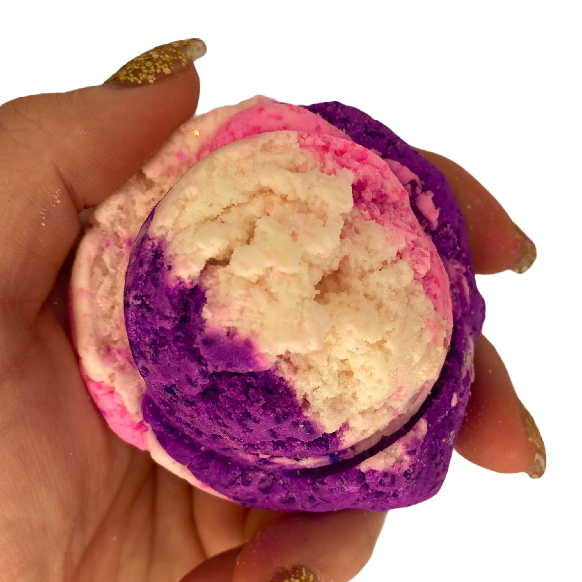 purple pink and white bubble bath bar