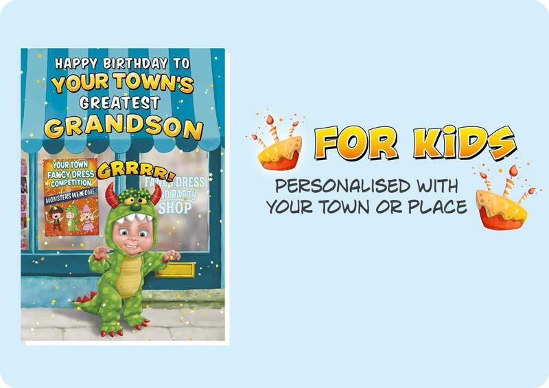 Great Fun Kids' Birthday Cards Personalised with a Town, City, Village or any Place You Wish.