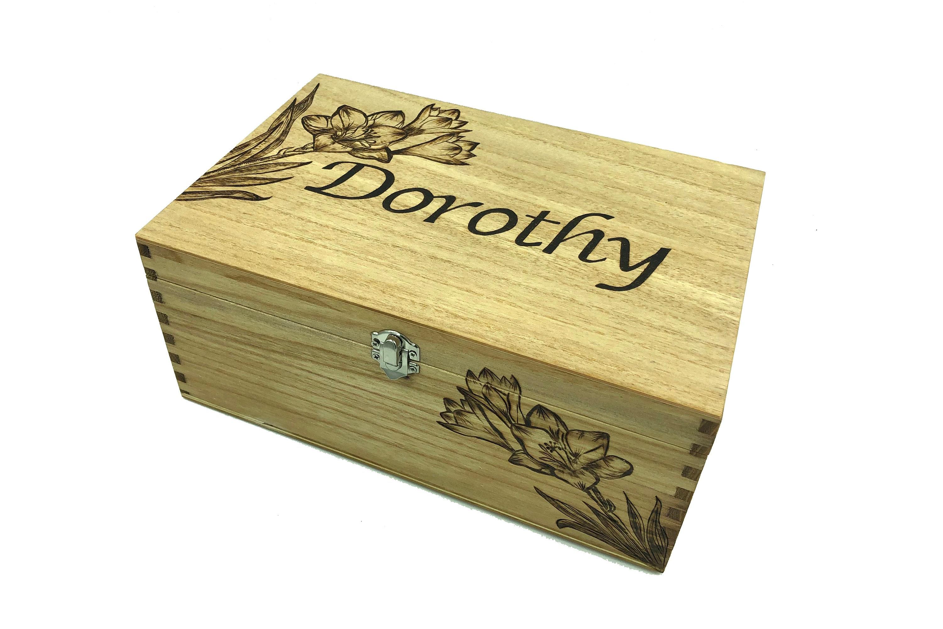 birth flower on wooden christening box with name