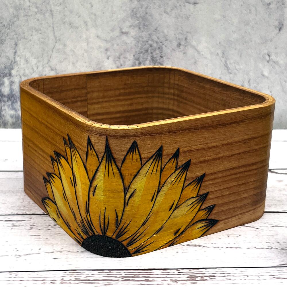 Hand decorated wooden sunflower storage pot