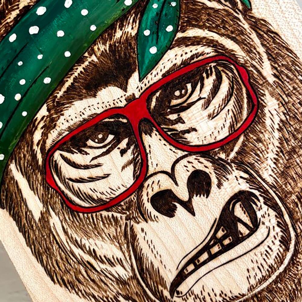Wooden pyrography plaque with gorilla