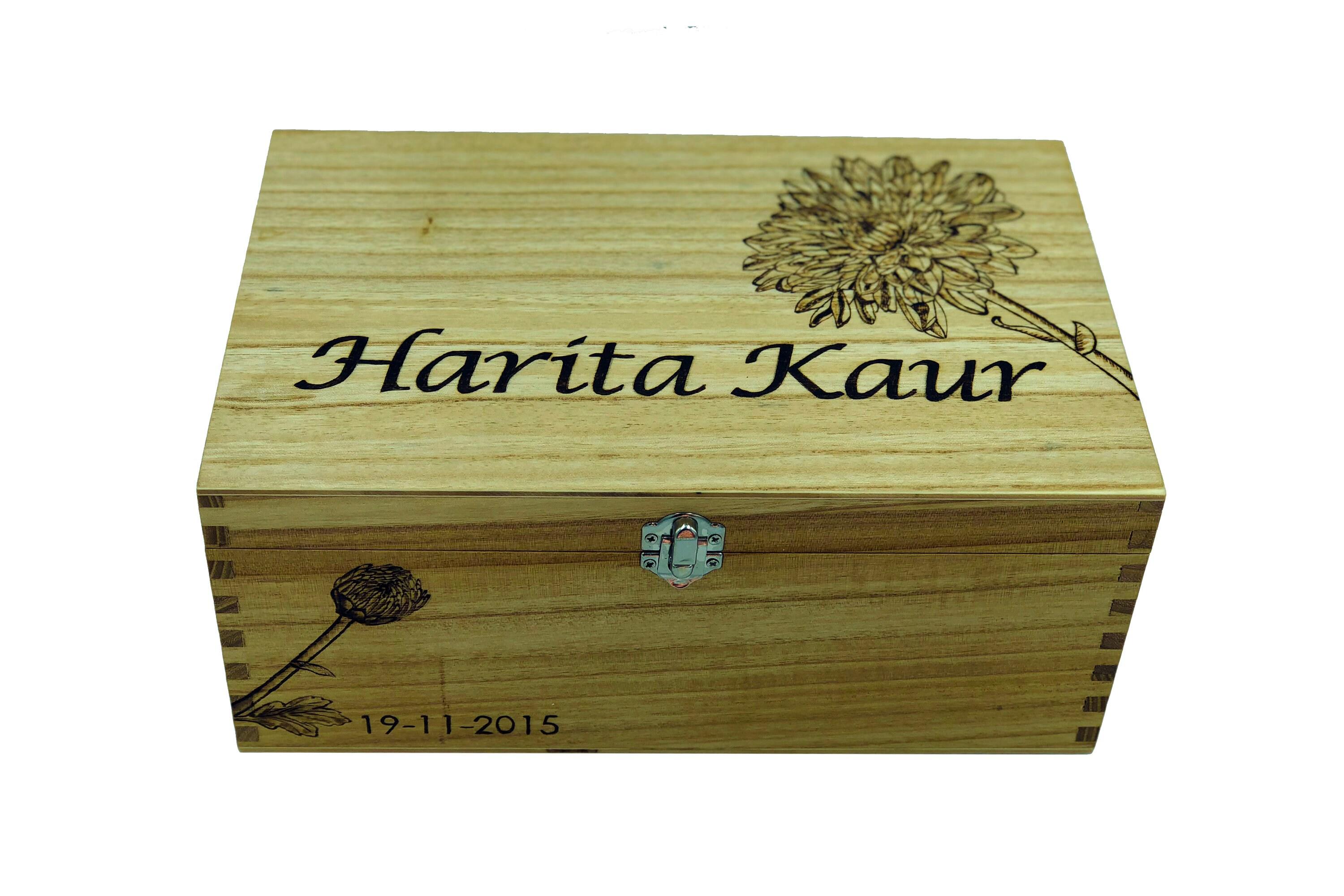 christening keepsake box with two names and birth flower