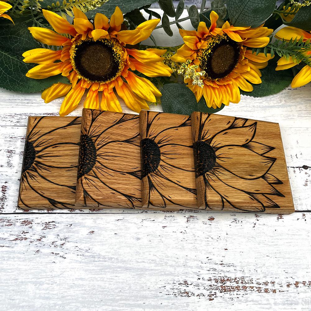 handmade wooden sunflower coaster