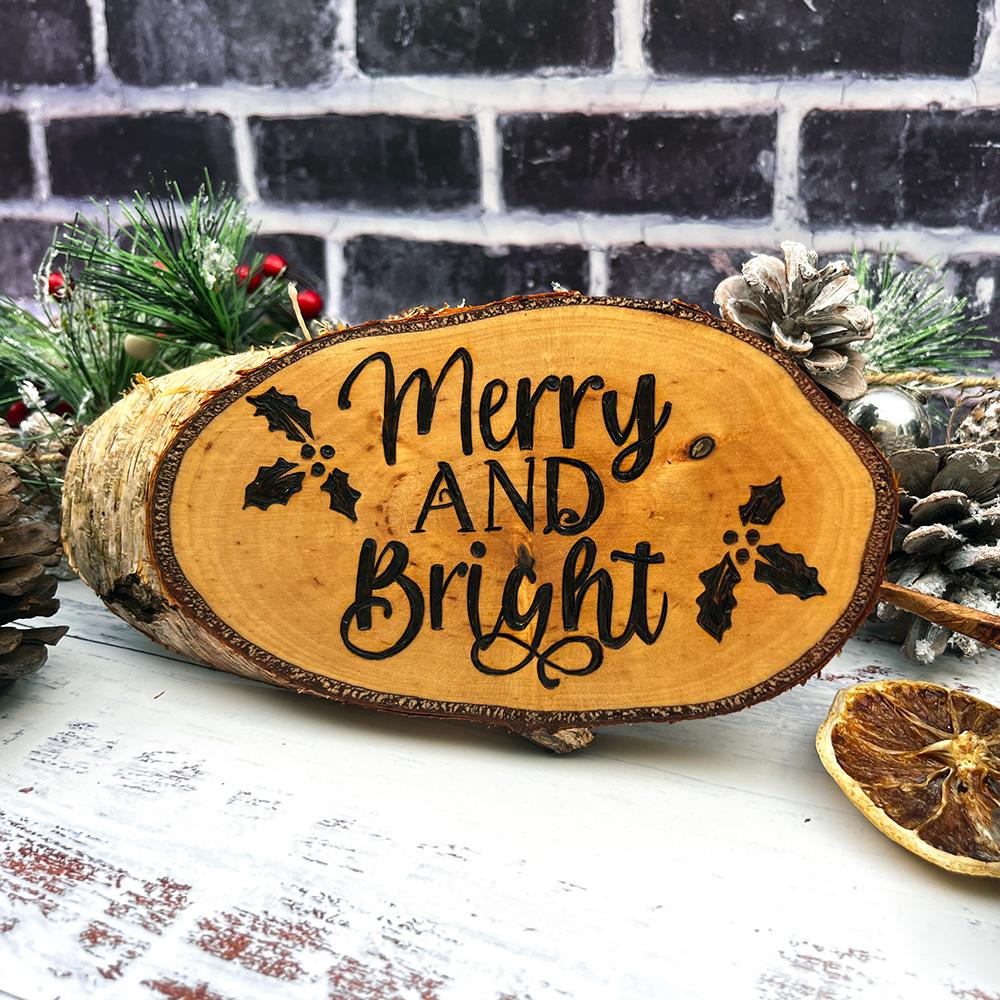 Merry and Bright Wooden Tree Slice Rustic Christmas Decoration