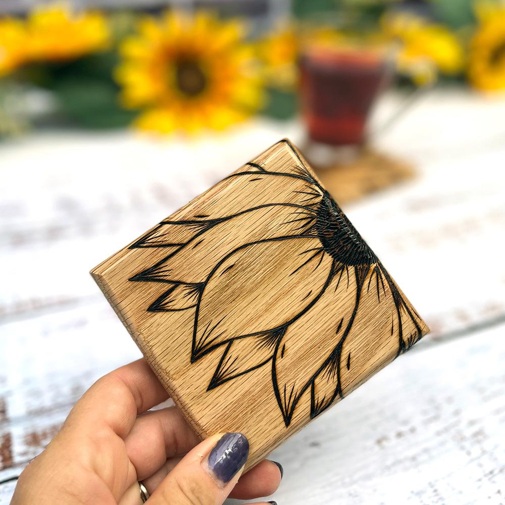 handmade sunflower oak coaster