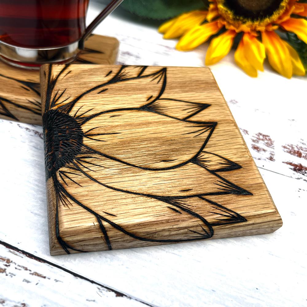 handmade wooden sunflower oak coaster