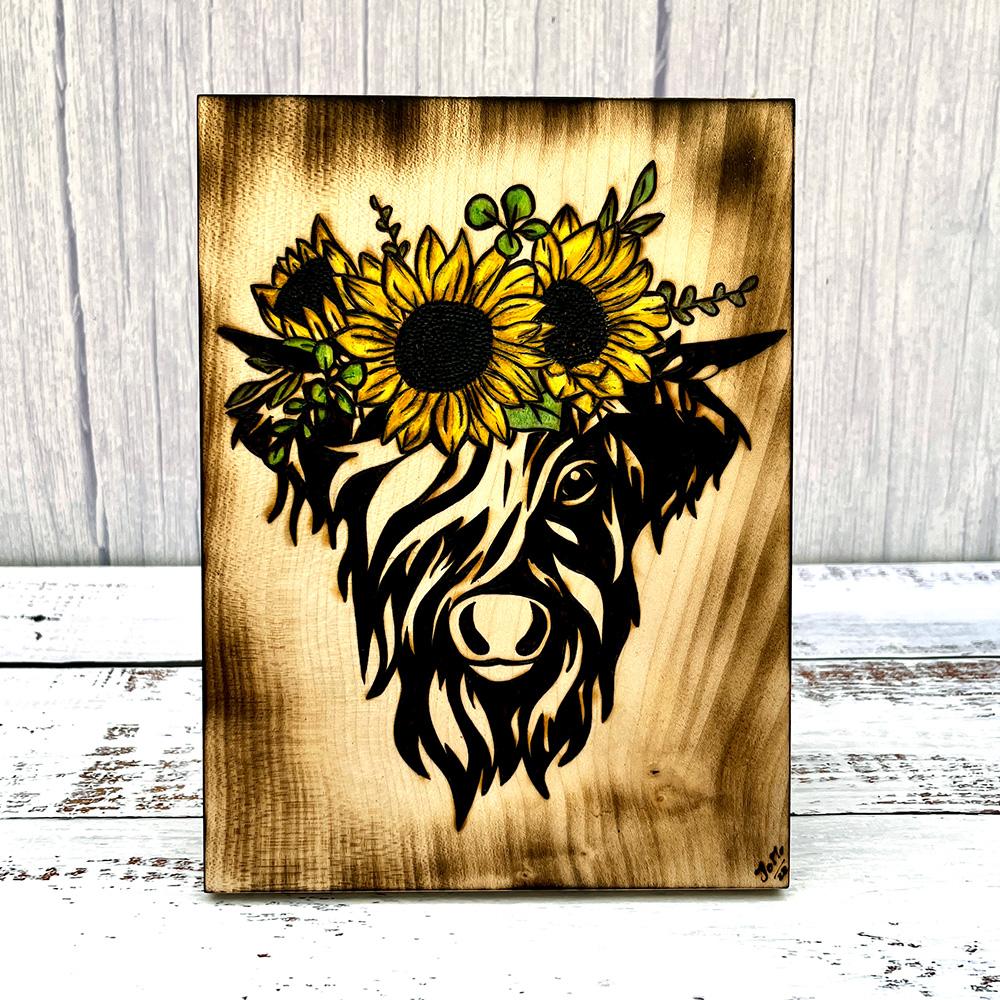 highland cow wooden pyrography art