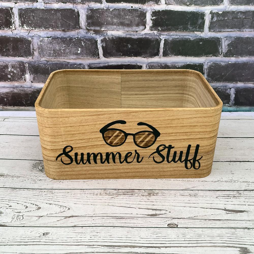 Summer Stuff wooden storage for sunglasses and sunscreen and summer essentials