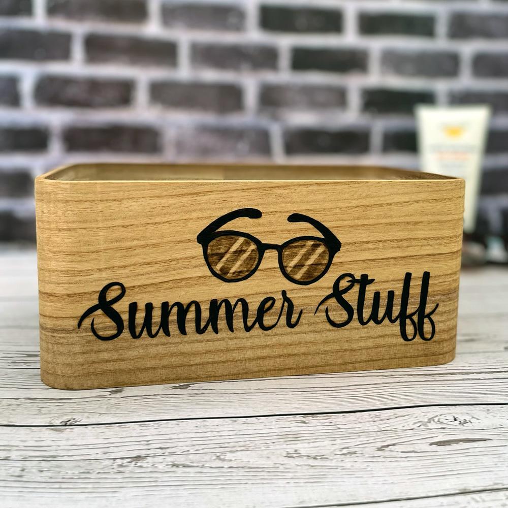 Summer Stuff wooden storage for sunglasses and sunscreen