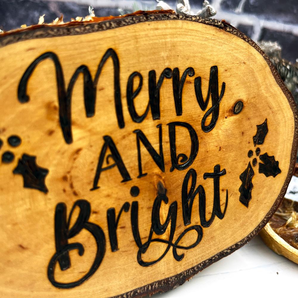Merry and Bright Wooden Tree Slice Rustic Decoration