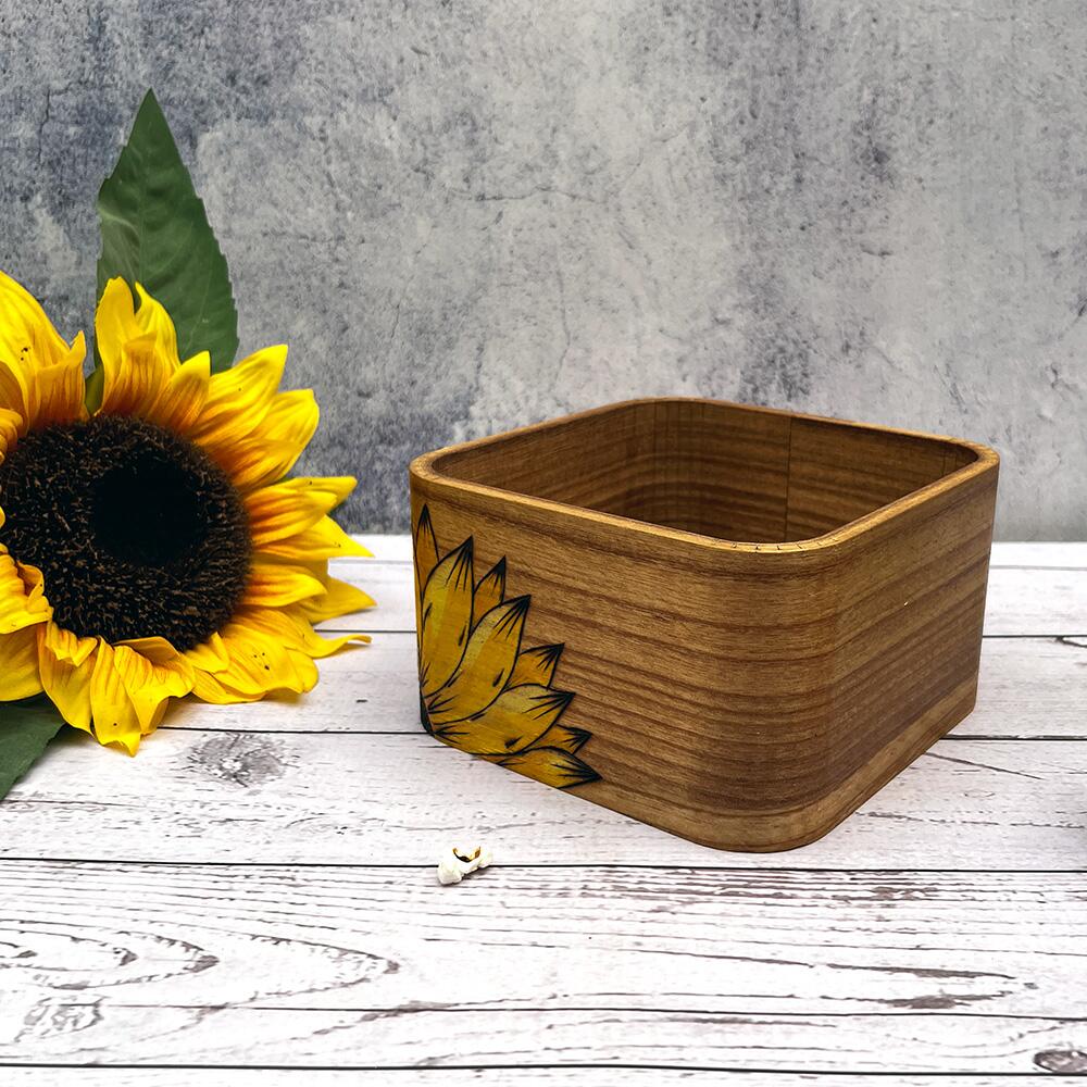 Hand painted wooden sunflower storage pot