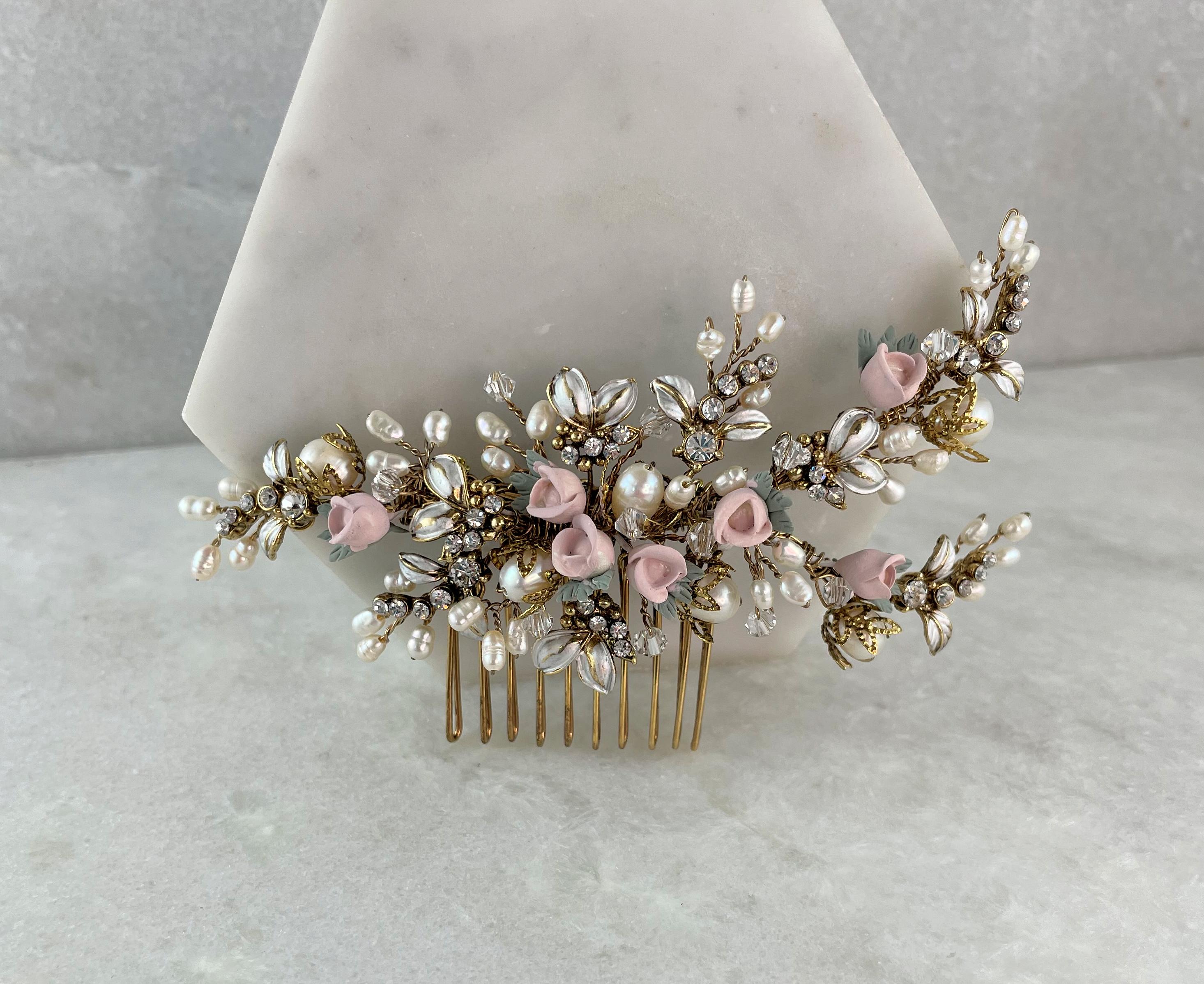 Antique Gold Blush Pink Rose Bud Hair Comb | Flower Hair Comb | pink Flower  Hair Slide | Rose Bud | Queenie & Lily