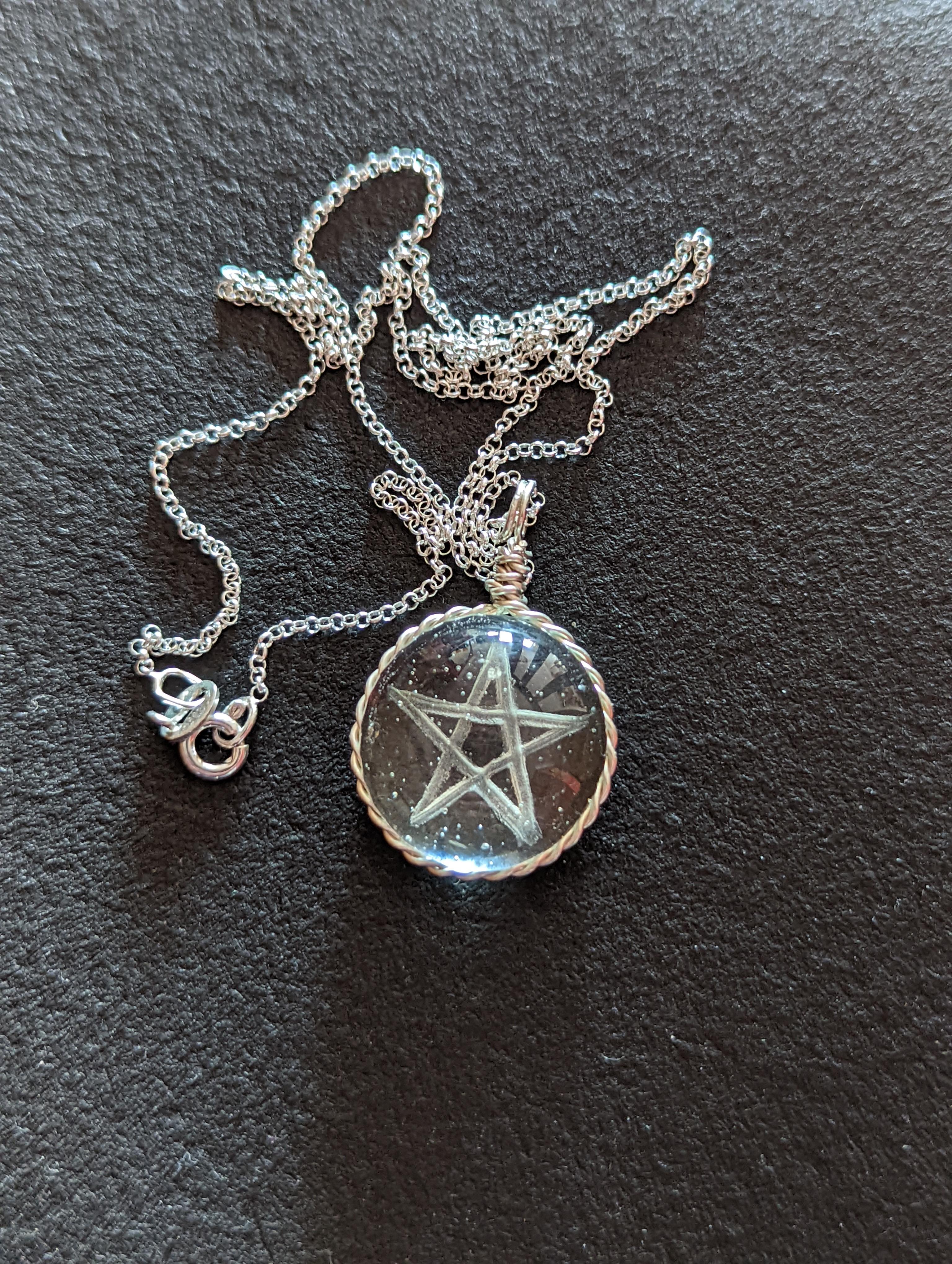Pentagram Glass nugget Pendent with Sterling Silver Wire and Chain