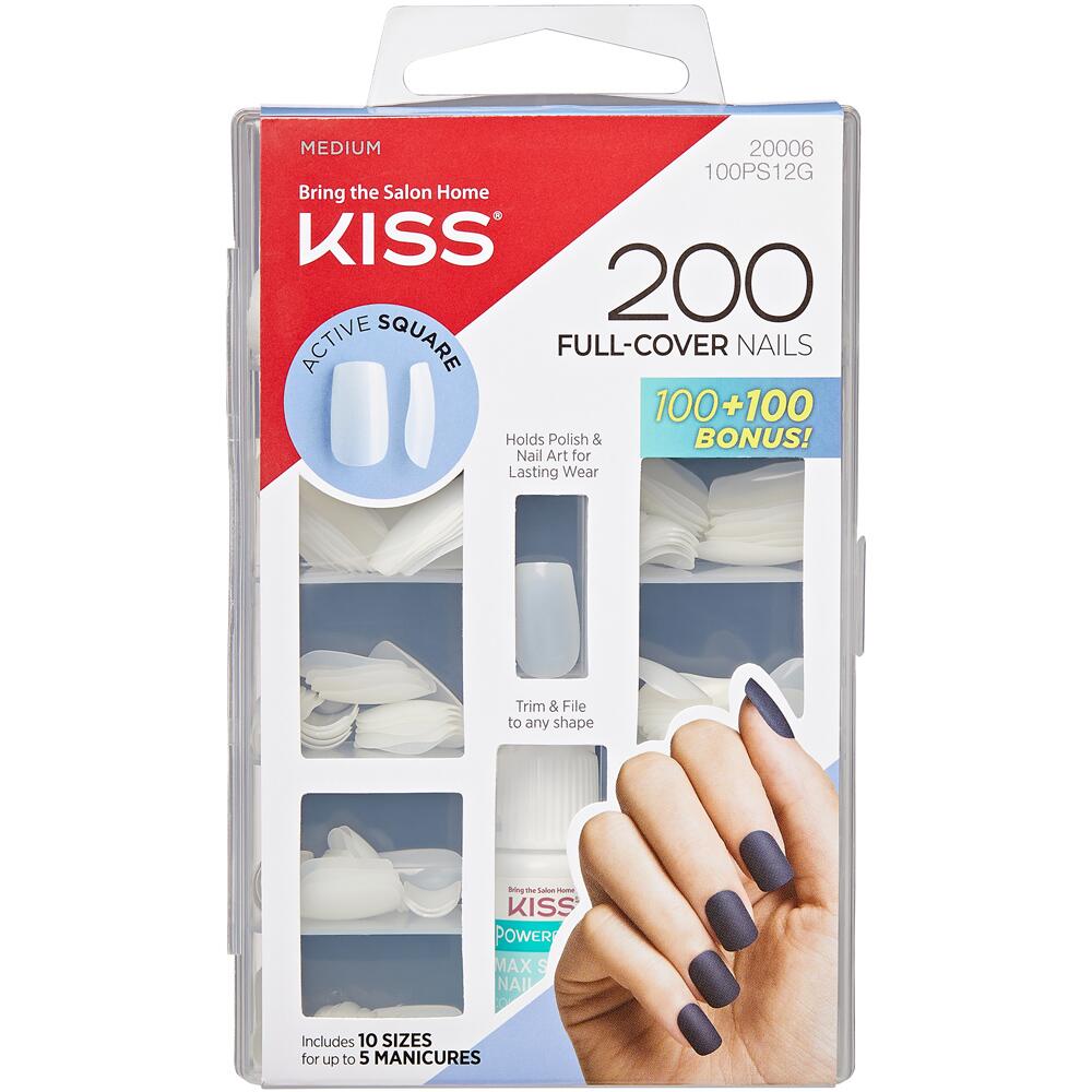 KISS ACTIVE SQUARE 200 Full Cover Artificial Nails with Maximum Speed Glue 100PS12G