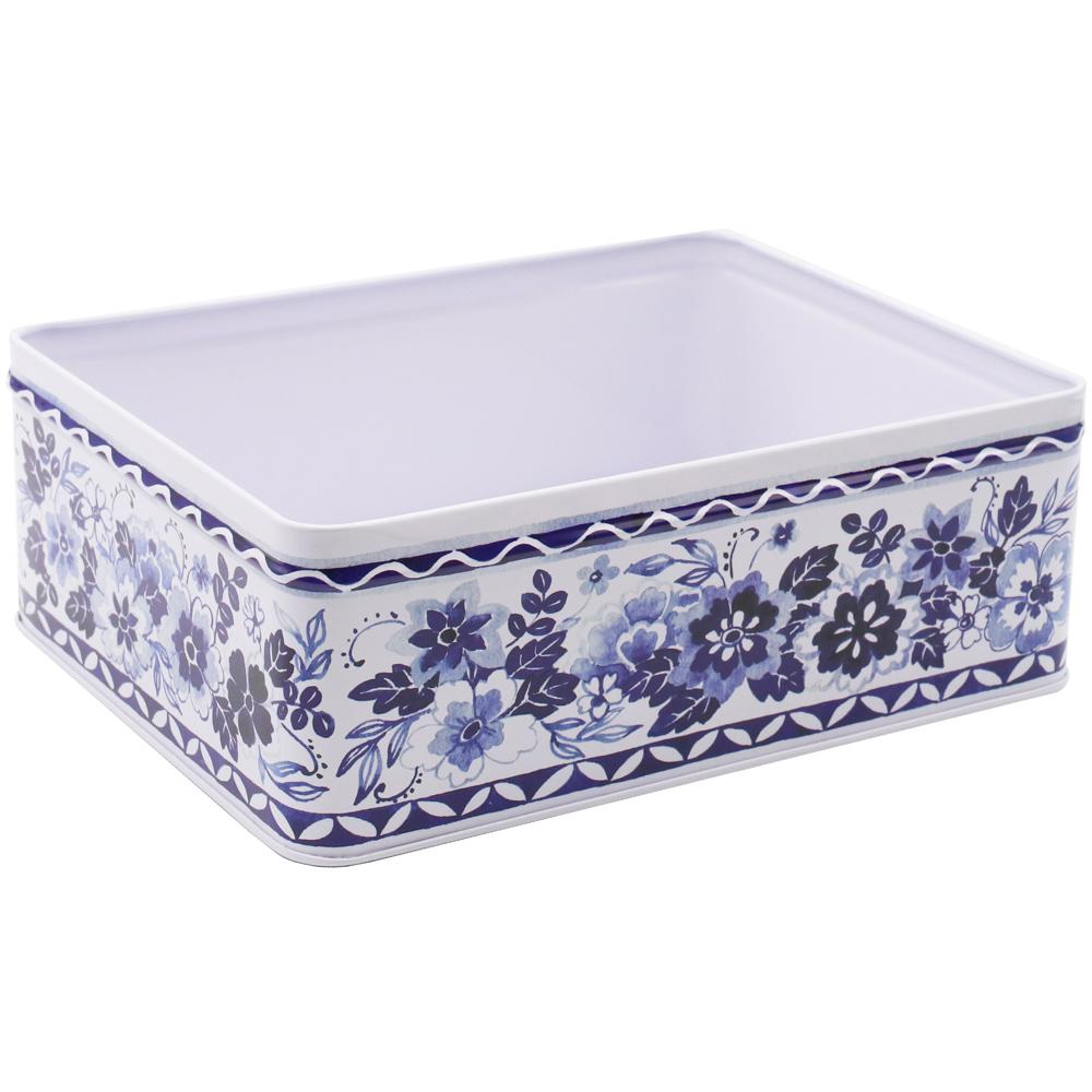 View 3 Claire Winteringham Blue and White Flowers Rectangular Steel Storage Tin BW2670