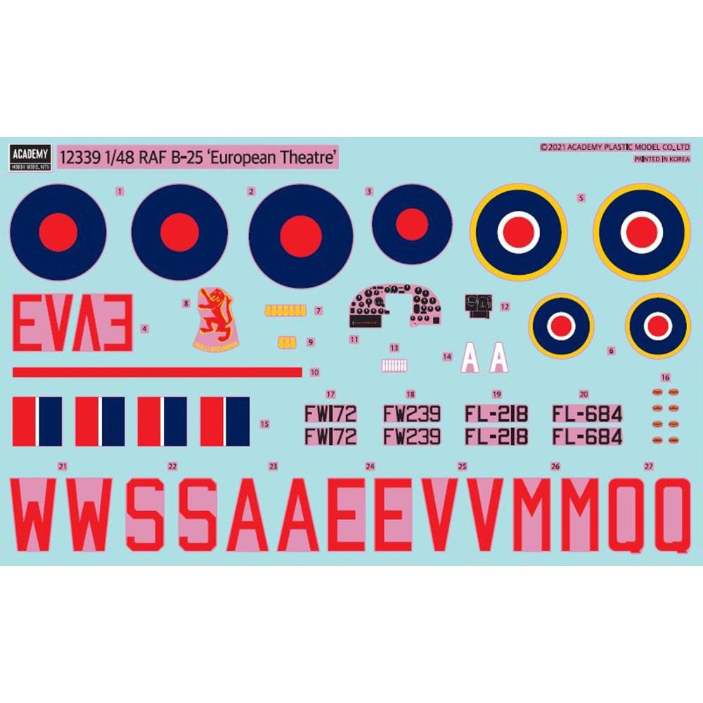 View 4 Academy RAF B 25C/D European Theatre Military Aircraft Model Kit Scale 1:48 12339