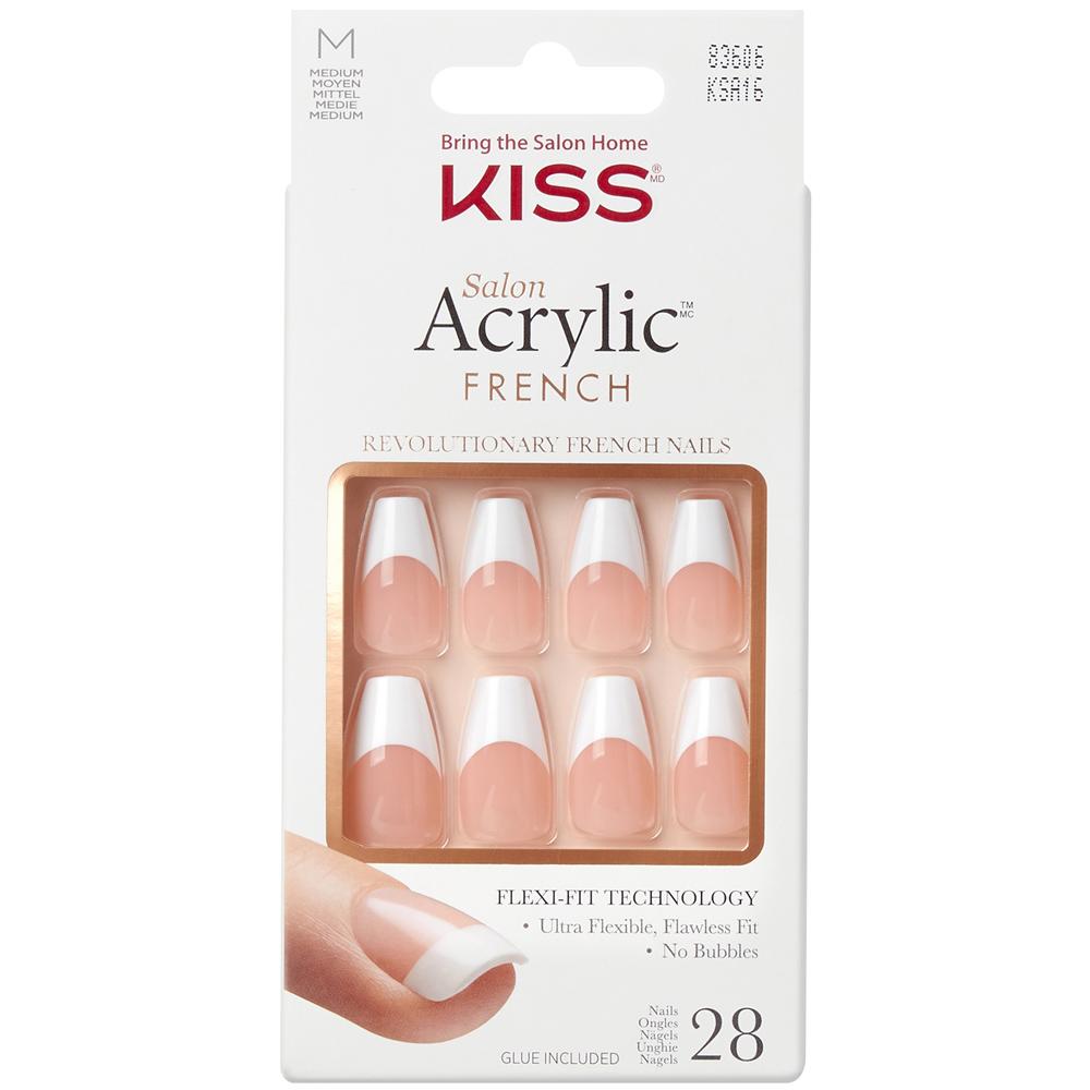 KISS Salon Acrylic French Nails Je T'aime Medium Length Pack of 28 with Adhesive KSA16C
