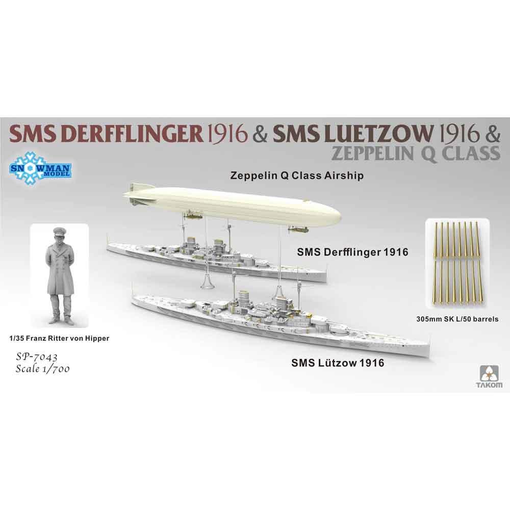 View 2 Takom SMS Derrflinger Luetzow Ships and Q Class Zeppelin Model Kit Scale 1/700 SP-7043