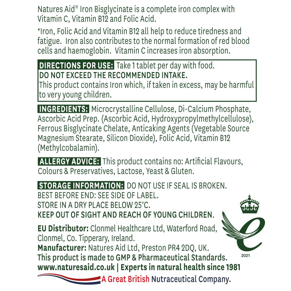 Natures Aid Iron Bisglycinate 14mg with EsterC 90 Tablets