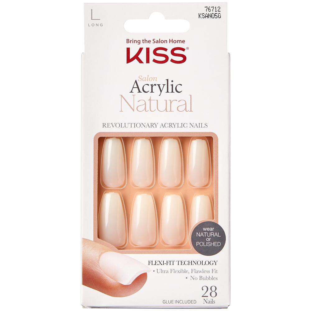 KISS Salon Acrylic Natural Artificial Nails Pack of 28 with Adhesive STRONG ENOUGH Long KSAN05G