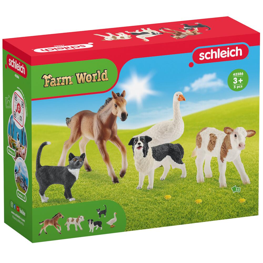 Schleich Farm World Calf, Cat, Border Collie, Goose & Foal 5 Figure Pack SC42386