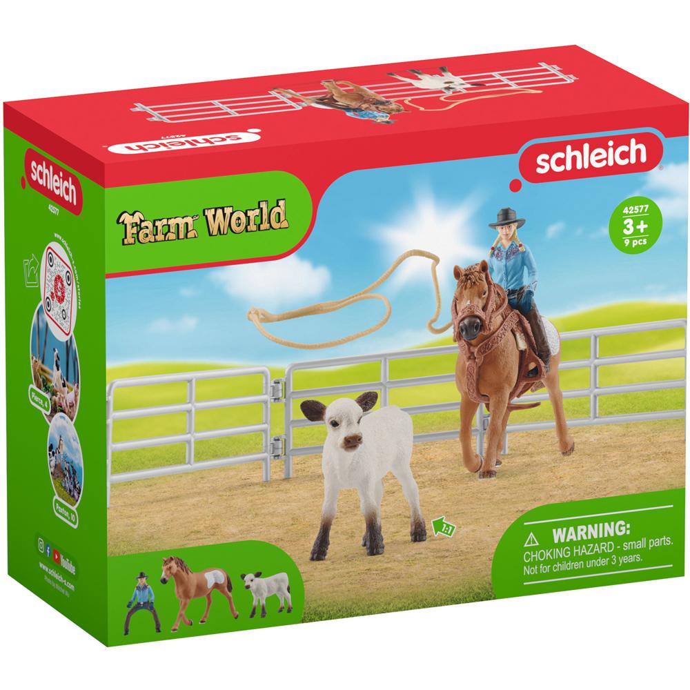 Schleich Farm World Cowgirl Team Roping Fun with Horse and Calf Figures 42577