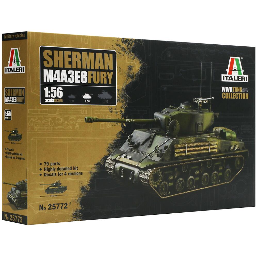 Italeri Sherman M4A3E8 Fury Tank WWII Model Kit Scale 1:56