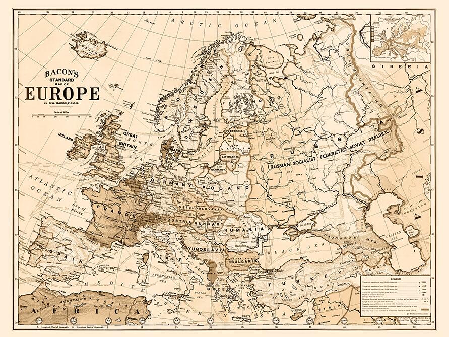 Vintage Map of Europe (1925) by George Washington Bacon wall art poster ...